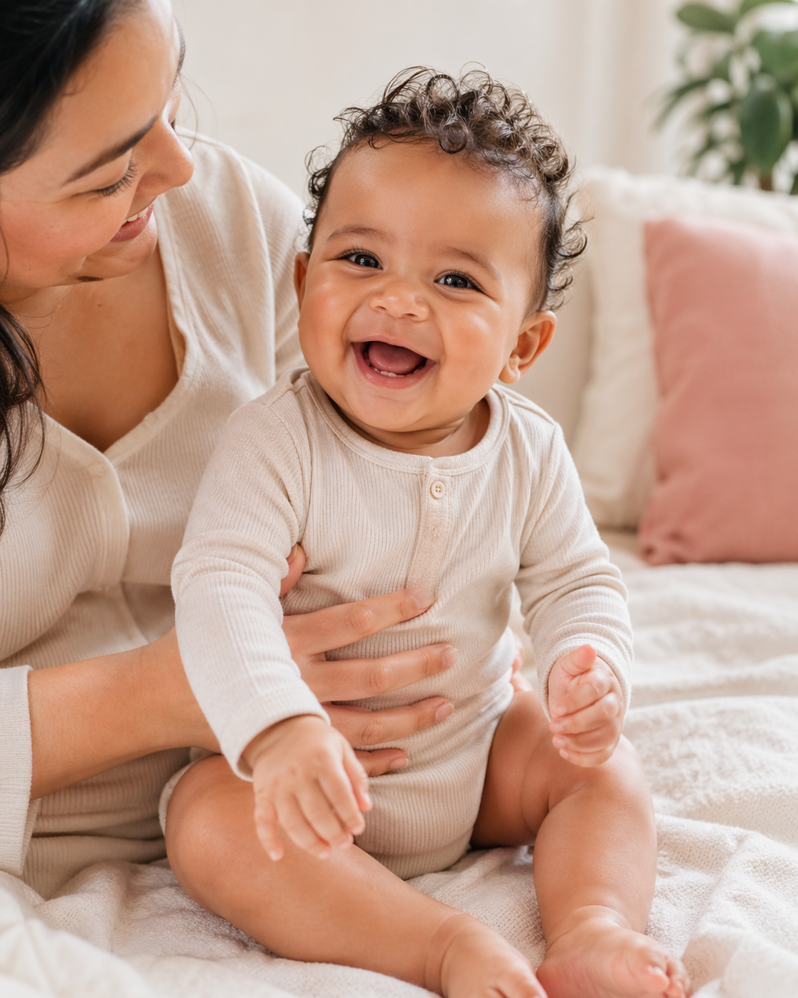 Mutter hält ihr lächelndes Baby